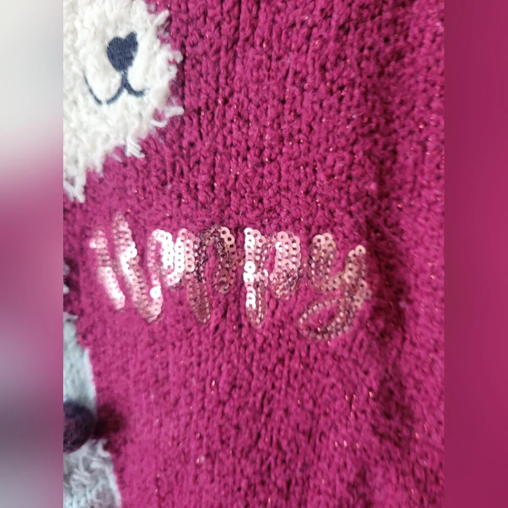 Justice Burgundy Maroon Fuzzy Knit Llama Tunic Sweater with Pom Poms 8